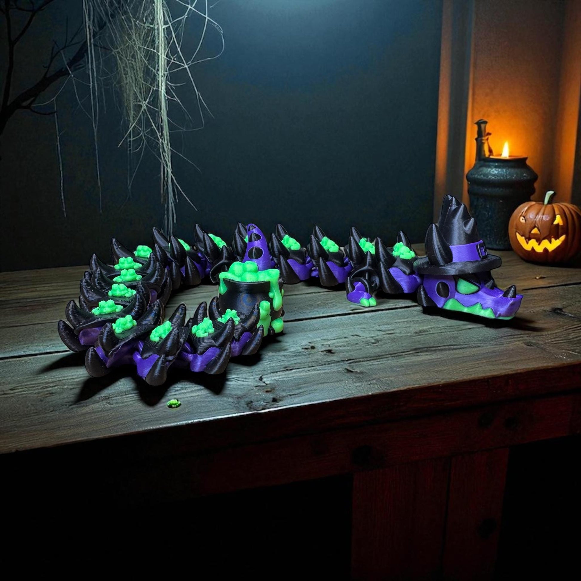 Halloween Decoration 3D Printed Glow In The Dark Articulating Witch With Cauldron Dragon Fidget Toy Spooky Halloween Gift Fall Decor