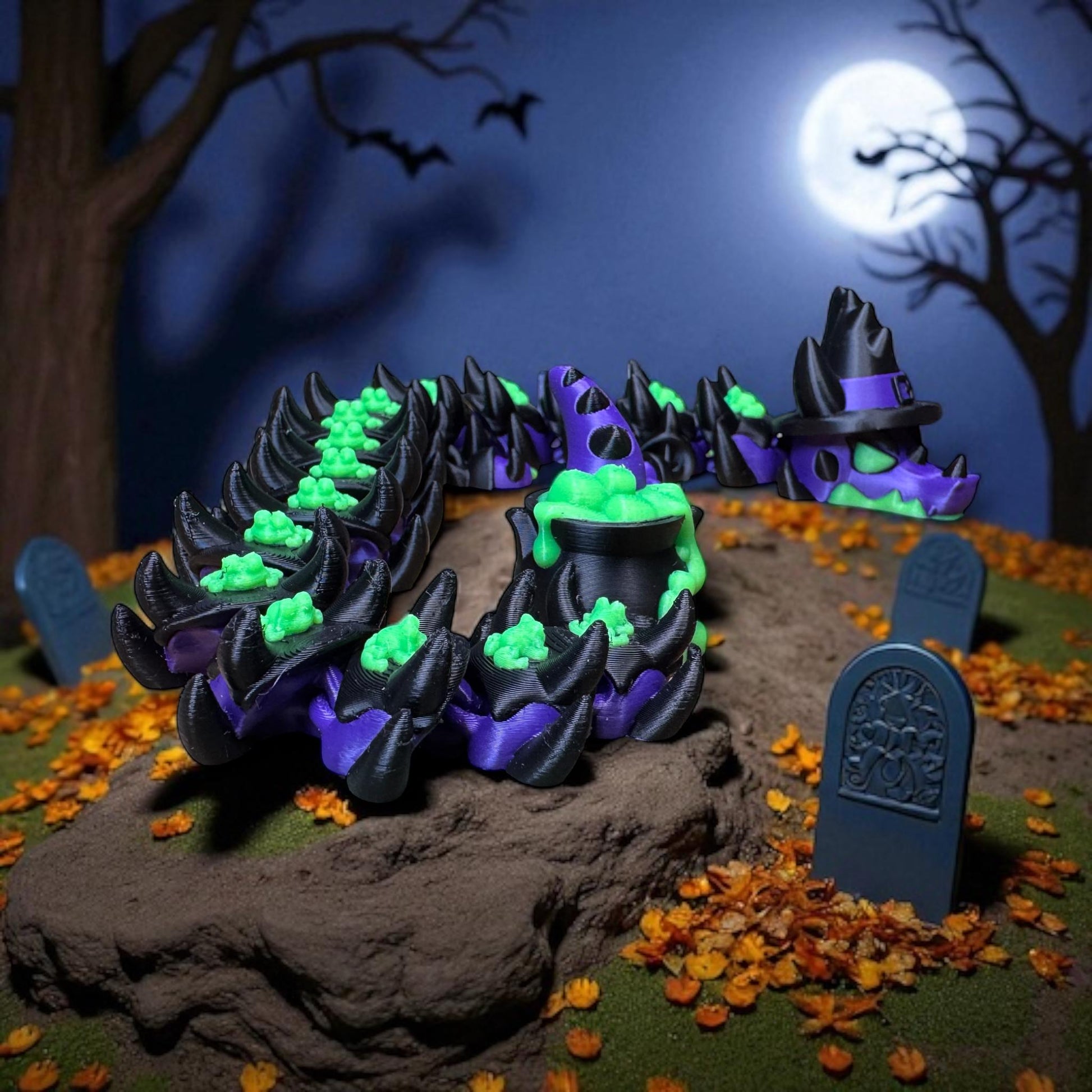 Halloween Decoration 3D Printed Glow In The Dark Articulating Witch With Cauldron Dragon Fidget Toy Spooky Halloween Gift Fall Decor